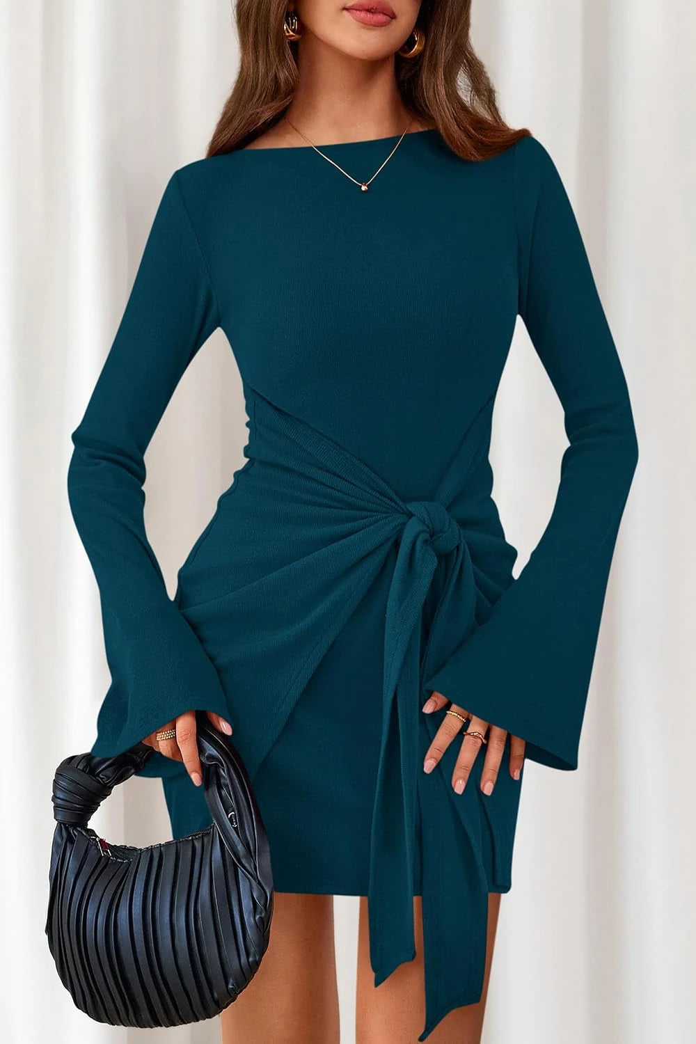 Ribbed Knit Bell Sleeve Bodycon Dress