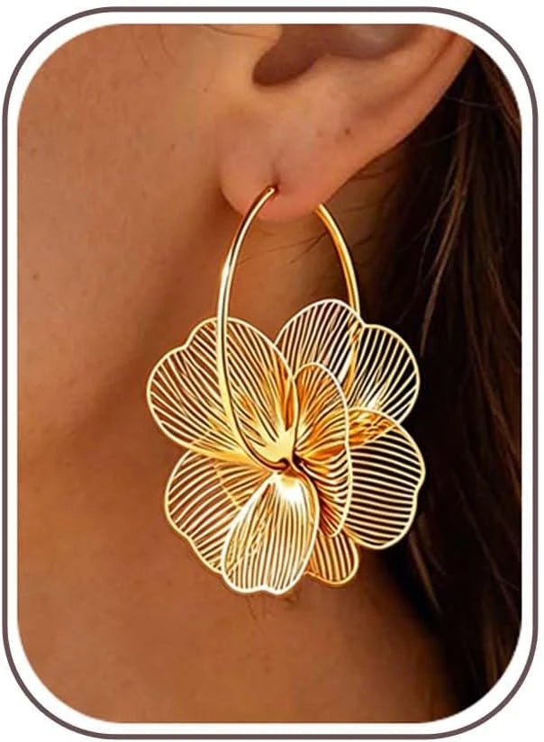 Floral Gold Dangle Hoop Earrings