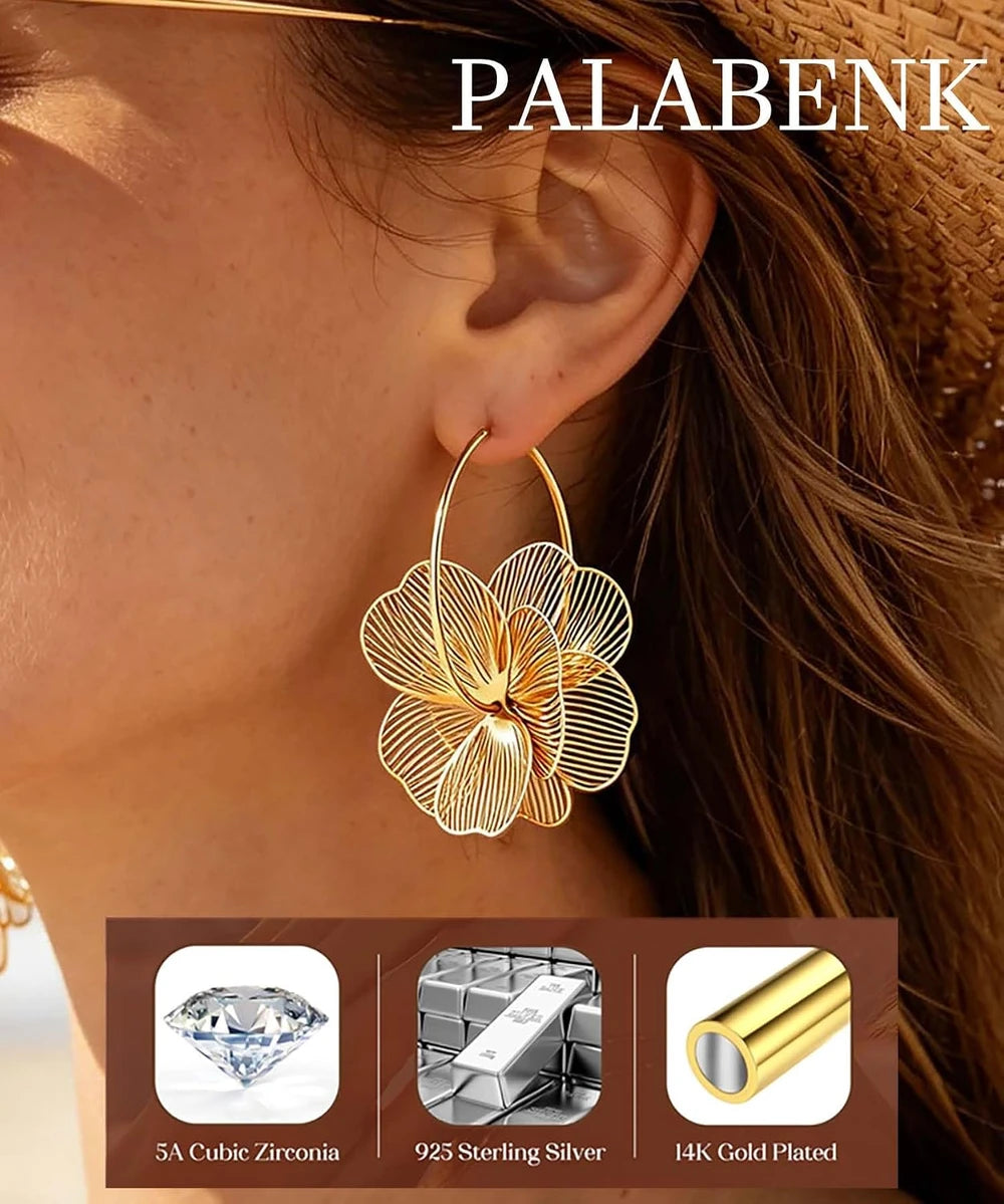 Floral Gold Dangle Hoop Earrings