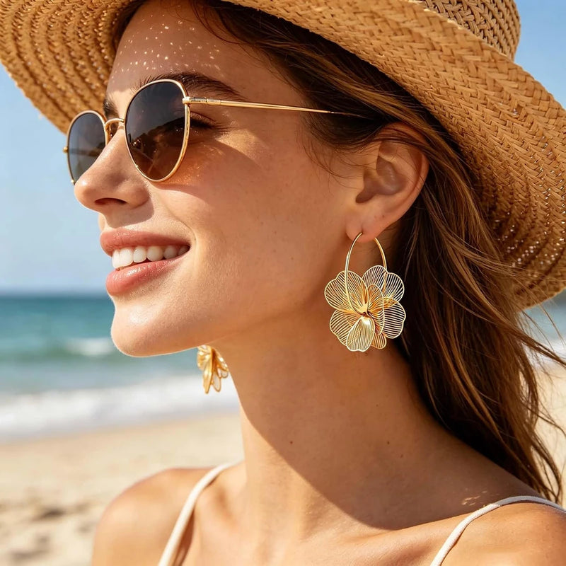 Floral Gold Dangle Hoop Earrings