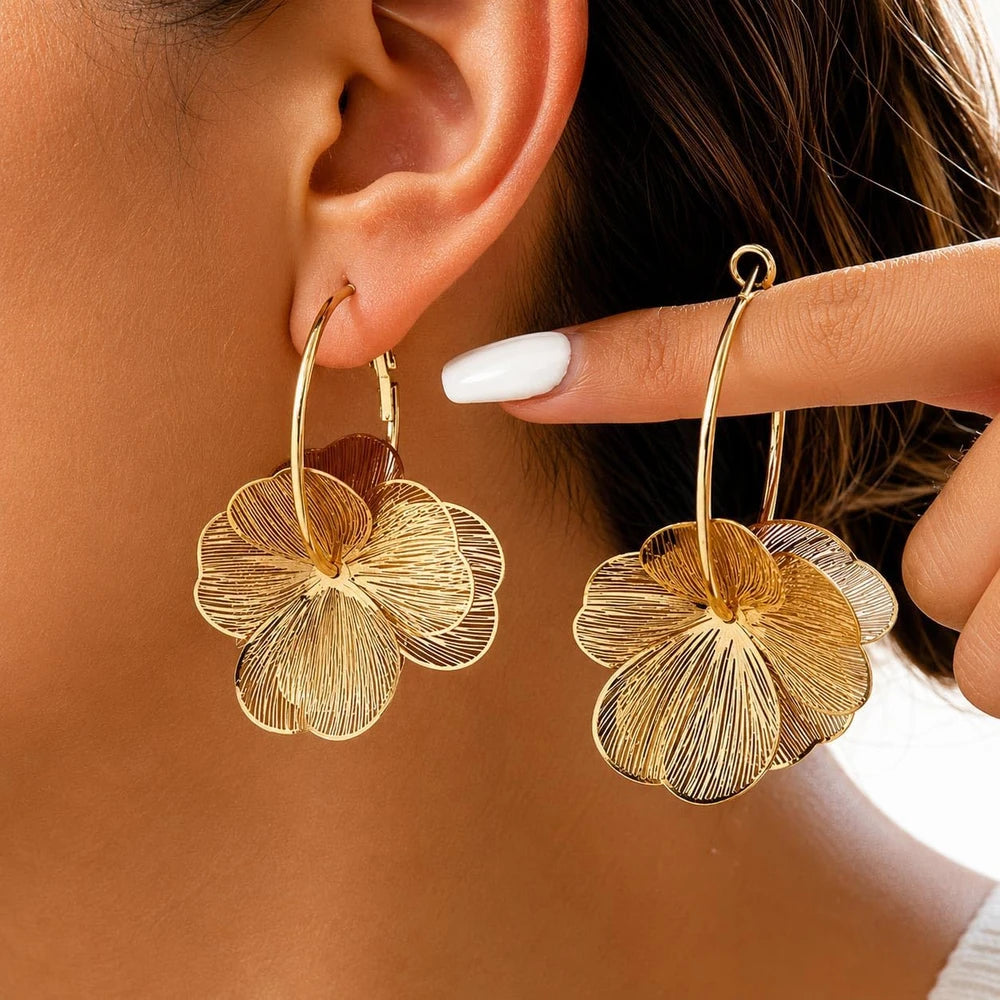 Floral Gold Dangle Hoop Earrings
