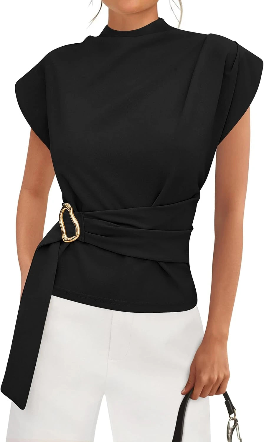 Mock Neck Cap Sleeve Blouse