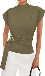Mock Neck Cap Sleeve Blouse
