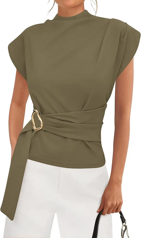 Mock Neck Cap Sleeve Blouse