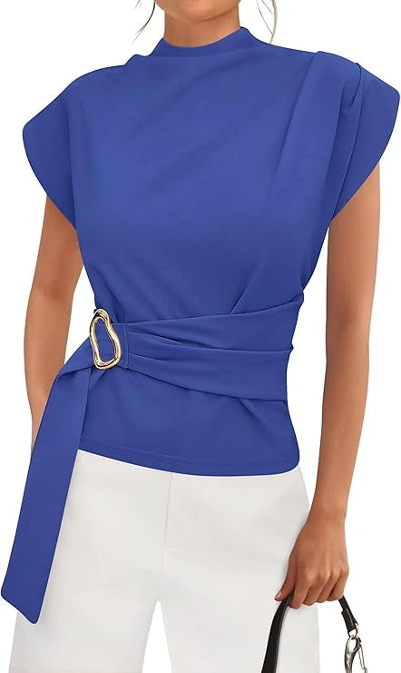 Mock Neck Cap Sleeve Blouse