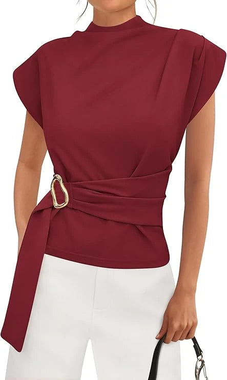 Mock Neck Cap Sleeve Blouse
