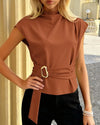 Mock Neck Cap Sleeve Blouse