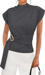 Mock Neck Cap Sleeve Blouse