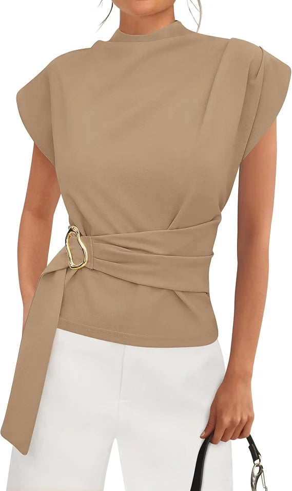 Mock Neck Cap Sleeve Blouse