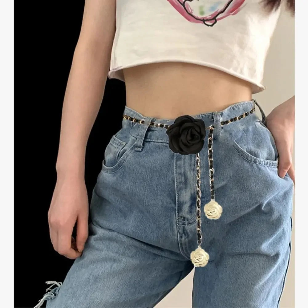Camellia Flower Metal Waist Chain Belt